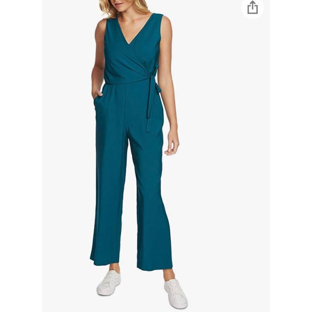 1.State Women's Twill Sleeveless V-Neck Wrap Front Jumpsuit Emerald Green Size 0